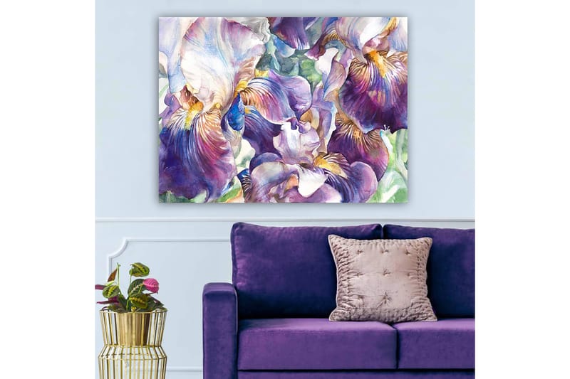 Canvas taulu 70x100 cm - Kauniit iiriksenkukat värikkäässä sommitelmassa - Violetti / Valkoinen / Keltainen - Sisustustuotteet - Taulu & taide - Canvas-taulu