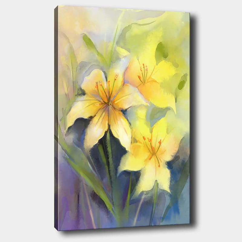 Canvas taulu 70x100 cm - Kauniit keltaiset liljat pehmeässä ja värikkäässä sommitelmassa - Keltainen / Vihreä / Violetti - Sisustustuotteet - Taulu & taide - Canvas-taulu
