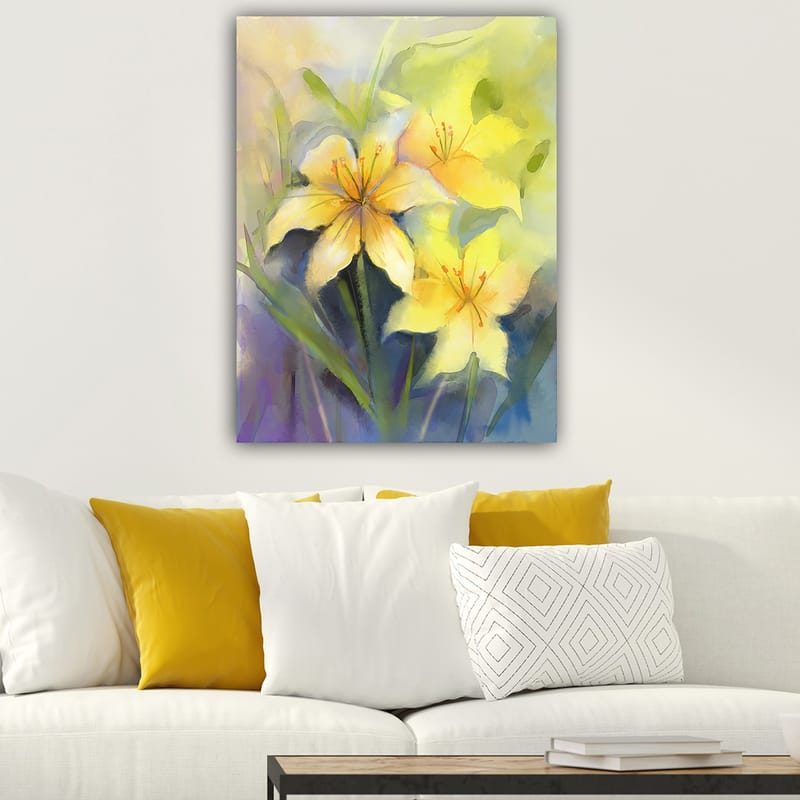 Canvas taulu 70x100 cm - Kauniit keltaiset liljat pehmeässä ja värikkäässä sommitelmassa - Keltainen / Vihreä / Violetti - Sisustustuotteet - Taulu & taide - Canvas-taulu