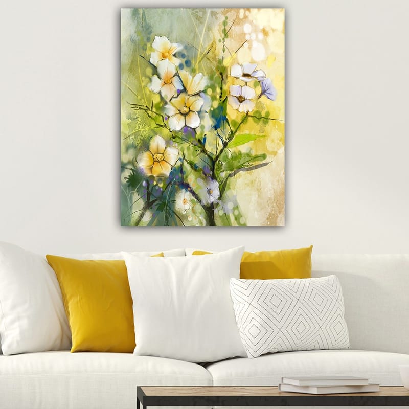 Canvas taulu 70x100 cm - Kauniita kukkia värikkäässä ja eloisassa sommitelmassa - Keltainen / Valkoinen / Vihreä - Sisustustuotteet - Taulu & taide - Canvas-taulu