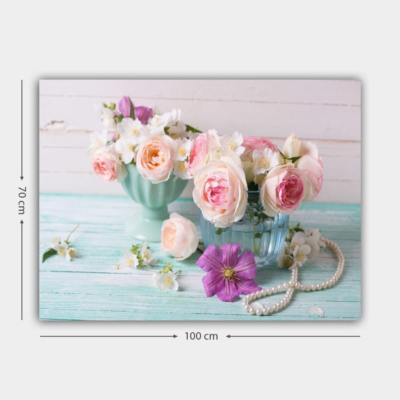 Canvas taulu 70x100 cm - Kauniita kukkia pastellisävyisissä maljoissa romanttisella tunnelmalla - Vaaleanpunainen / Mintunvihreä / Violetti - Sisustustuotteet - Taulu & taide - Canvas-taulu