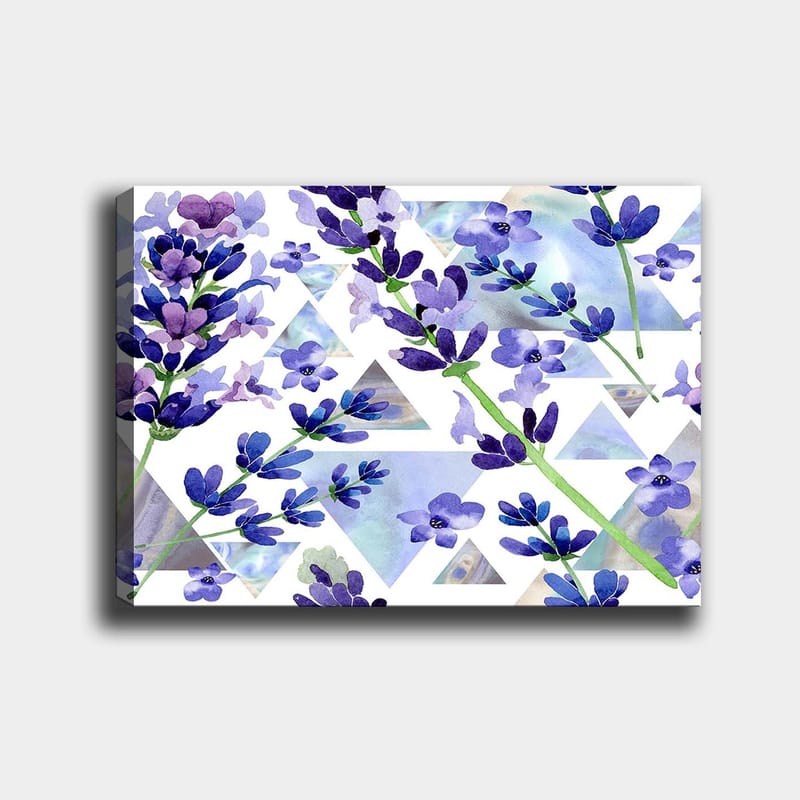Canvas taulu 70x100 cm - Kauniita laventelin kukkia modernissa geometrisessa sommitelmassa - Violetti / Vihreä / Sininen - Sisustustuotteet - Taulu & taide - Canvas-taulu