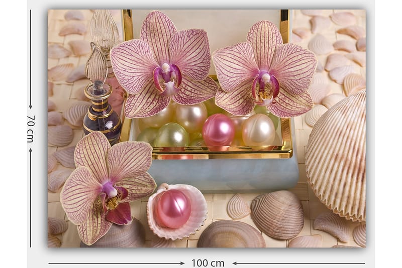 Canvas taulu 70x100 cm - Kauniita orkideoita ja helmiä elegantissa rasiassa - Vaaleanpunainen / Vihreä / Helmenvalkoinen - Sisustustuotteet - Taulu & taide - Canvas-taulu