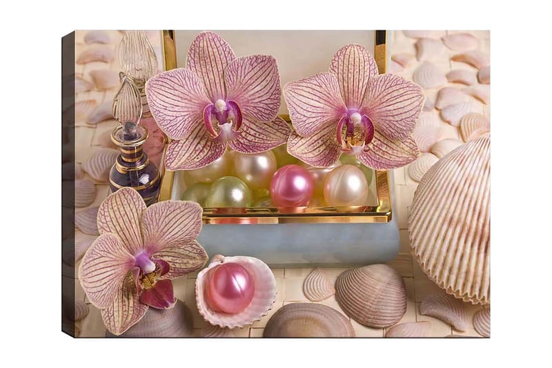 Canvas taulu 70x100 cm - Kauniita orkideoita ja helmiä elegantissa rasiassa, Vaaleanpunainen / Vihreä / Helmenvalkoinen