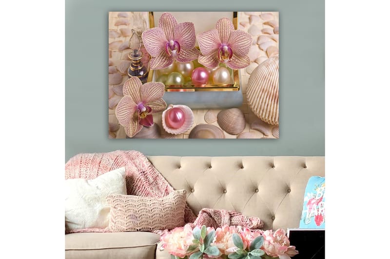 Canvas taulu 70x100 cm - Kauniita orkideoita ja helmiä elegantissa rasiassa - Vaaleanpunainen / Vihreä / Helmenvalkoinen - Sisustustuotteet - Taulu & taide - Canvas-taulu