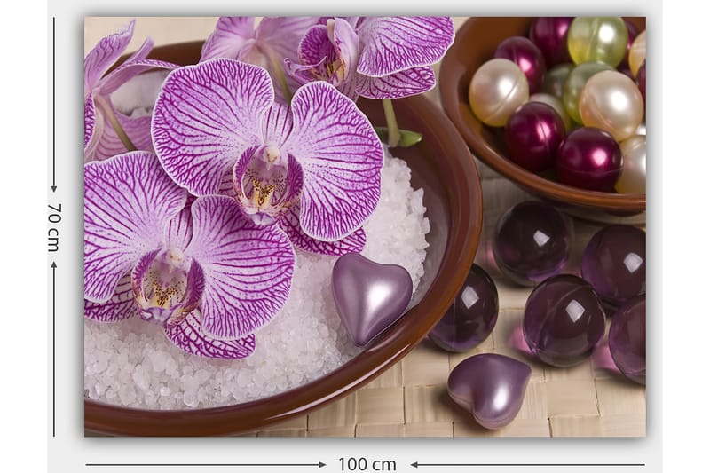 Canvas taulu 70x100 cm - Kauniita orkideoita kulhossa koriste-elementeillä - Violetti / Valkoinen / Vaaleanpunainen - Sisustustuotteet - Taulu & taide - Canvas-taulu