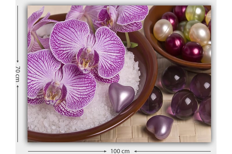 Canvas taulu 70x100 cm - Kauniita orkideoita kulhossa koriste-elementeillä - Violetti / Valkoinen / Vaaleanpunainen - Sisustustuotteet - Taulu & taide - Canvas-taulu