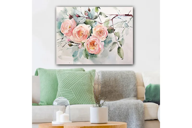 Canvas taulu 70x100 cm - Kauniita pastellivärisiä ruusuja kukkimassa vehreyden ympäröimänä - Vaaleanpunainen / Vihreä / Keltainen - Sisustustuotteet - Taulu & taide - Canvas-taulu