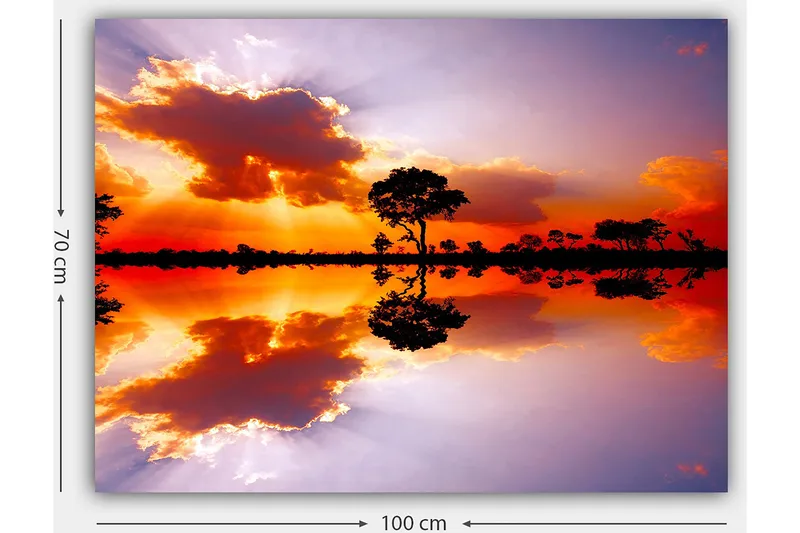 Canvas taulu 70x100 cm - Kaunis auringonlasku, jossa puiden siluetit heijastuvat tyynessä veden pinnassa - Oranssi / Violetti / Musta - Sisustustuotteet - Taulu & taide - Canvas-taulu