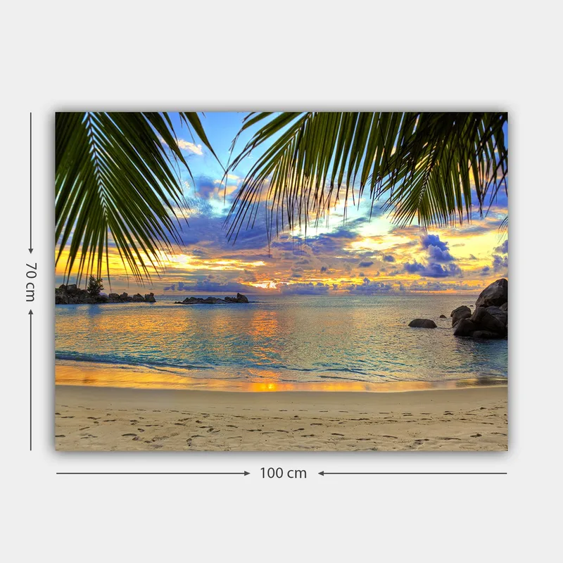 Canvas taulu 70x100 cm - Kaunis auringonlasku rannalla, palmujen reunustamana aiheen yllä - Sininen / Oranssi / Vihreä - Sisustustuotteet - Taulu & taide - Canvas-taulu