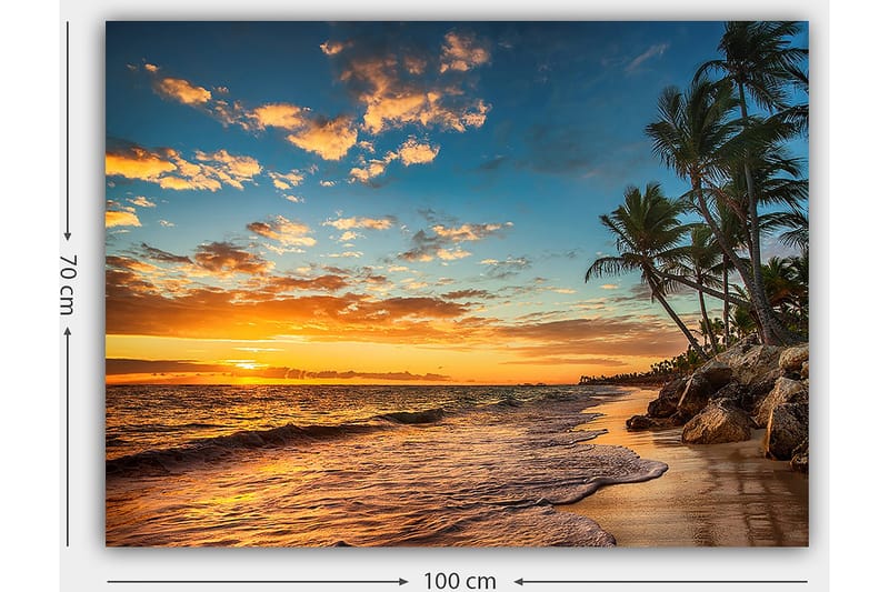 Canvas taulu 70x100 cm - Kaunis auringonlasku rannalla palmujen ja pehmeiden aaltojen vyöryessä hiekalle - Oranssi / Sininen / Beige - Sisustustuotteet - Taulu & taide - Canvas-taulu