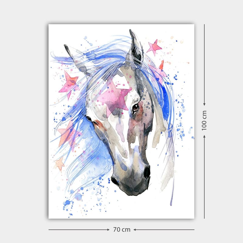Canvas taulu 70x100 cm - Kaunis hevonen, jolla on hulmuava sininen harja ja vaaleanpunaiset tähdet korostavat aihetta - Sininen / Harmaa / Vaaleanpunainen - Sisustustuotteet - Taulu & taide - Canvas-taulu