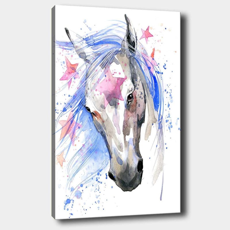 Canvas taulu 70x100 cm - Kaunis hevonen, jolla on hulmuava sininen harja ja vaaleanpunaiset tähdet korostavat aihetta - Sininen / Harmaa / Vaaleanpunainen - Sisustustuotteet - Taulu & taide - Canvas-taulu