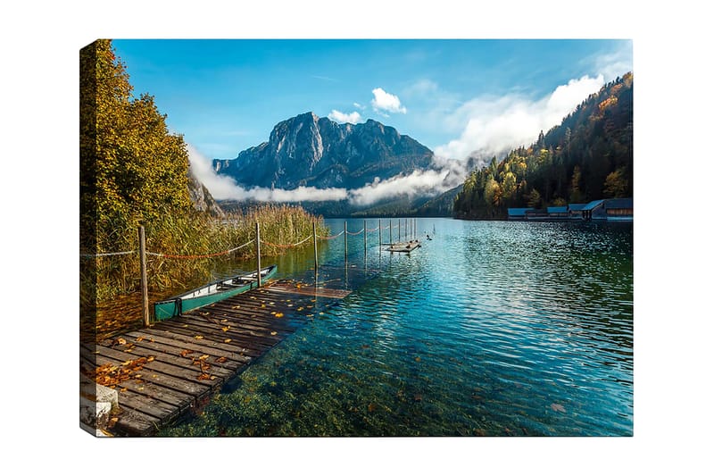 Canvas taulu 70x100 cm - Kaunis järvi laiturilla, majesteettisten vuorten ja syksyn väristen puiden ympäröimänä, Sininen / Vihreä / Keltainen