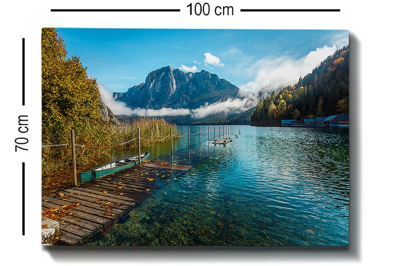 Canvas taulu 70x100 cm - Kaunis järvi laiturilla, majesteettisten vuorten ja syksyn väristen puiden ympäröimänä - Sininen / Vihreä / Keltainen - Sisustustuotteet - Taulu & taide - Canvas-taulu