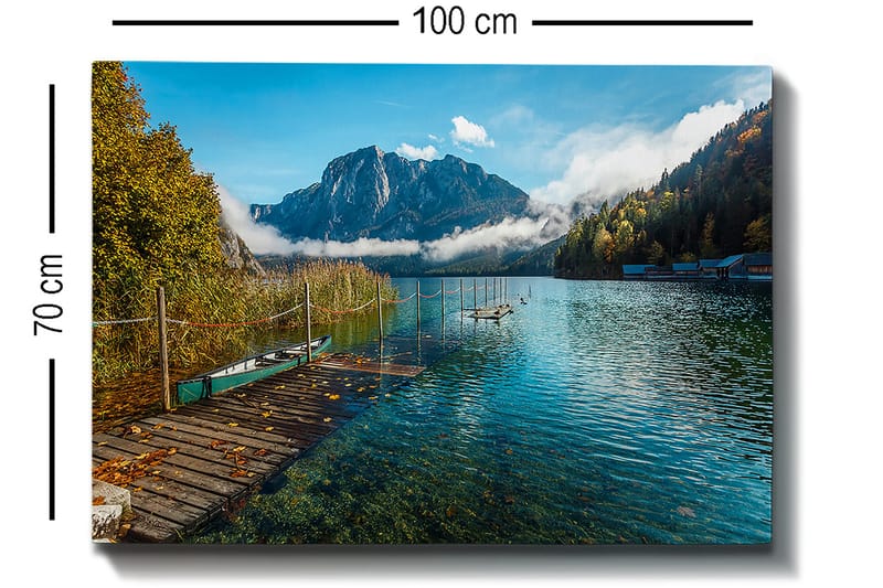 Canvas taulu 70x100 cm - Kaunis järvi laiturilla, majesteettisten vuorten ja syksyn väristen puiden ympäröimänä - Sininen / Vihreä / Keltainen - Sisustustuotteet - Taulu & taide - Canvas-taulu