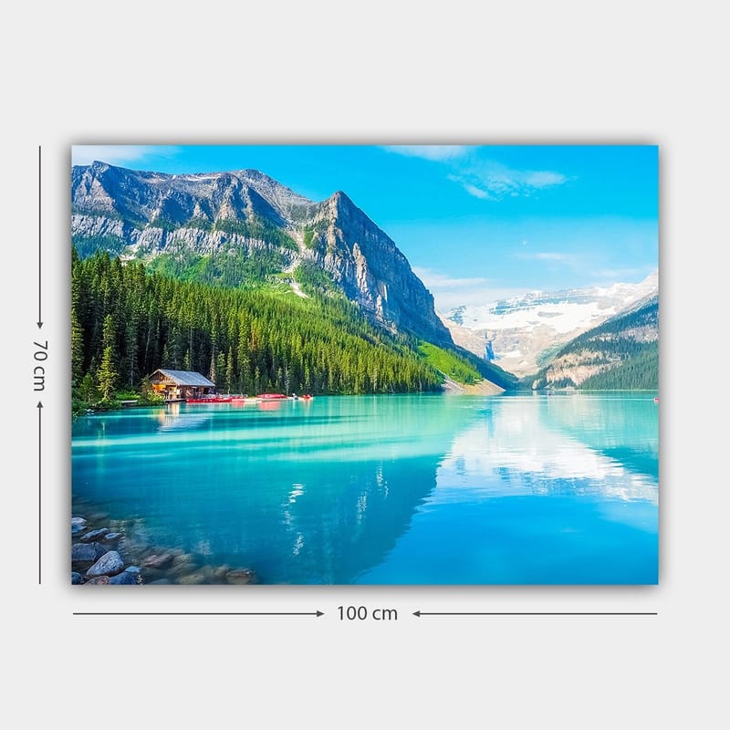 Canvas taulu 70x100 cm - Kaunis järvi majesteettisten vuorten ja tiheän vehreyden ympäröimänä - Turkoosi / Vihreä / Sininen - Sisustustuotteet - Taulu & taide - Canvas-taulu