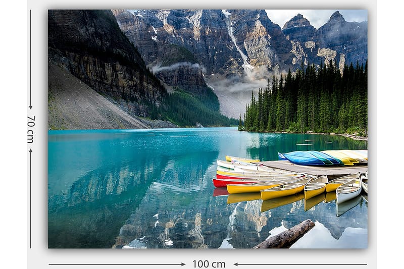 Canvas taulu 70x100 cm - Kaunis järvi värikkäine kanooteineen luonnonkauniiden vuoristojen keskellä - Turkoosi / Vihreä / Keltainen - Sisustustuotteet - Taulu & taide - Canvas-taulu