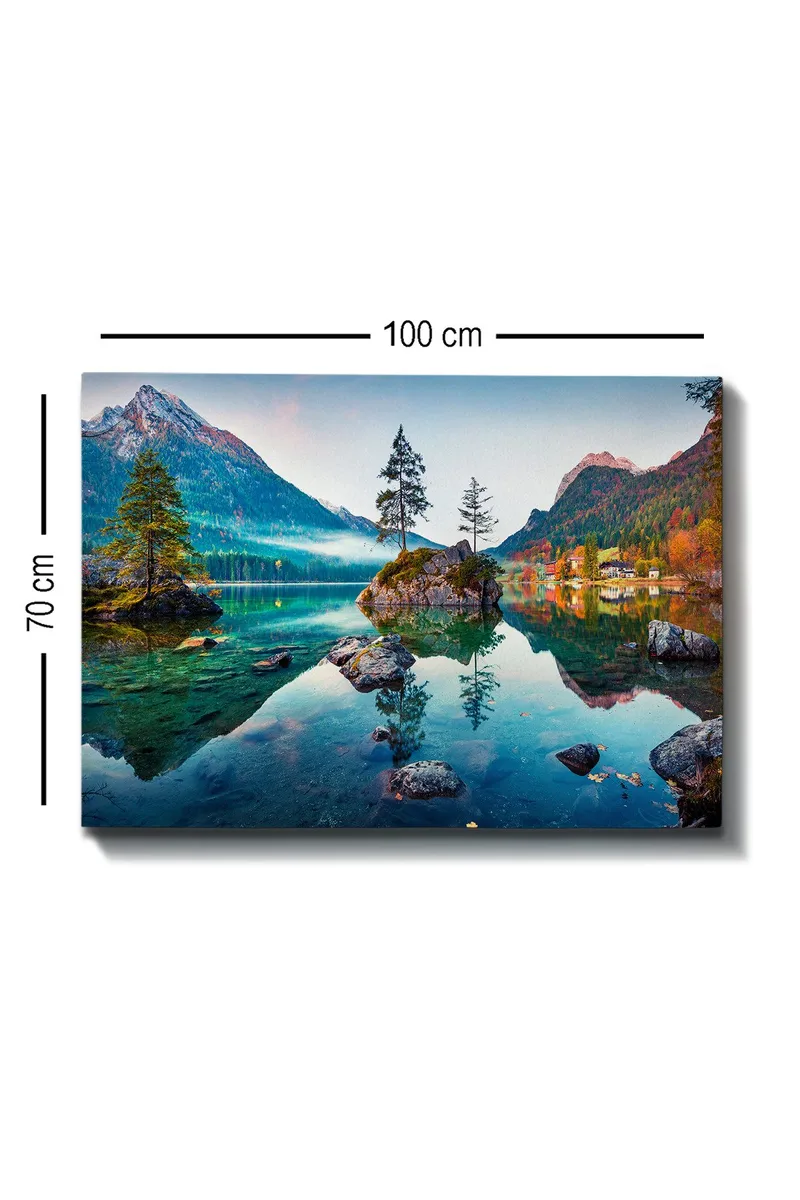 Canvas taulu 70x100 cm - Kaunis järvimaisema, jossa vuoret ja puut heijastuvat tyynessä vedessä - Vihreä / Sininen / Ruskea - Sisustustuotteet - Taulu & taide - Canvas-taulu