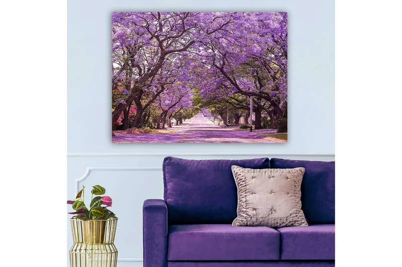 Canvas taulu 70x100 cm - Kaunis katu ja violetit kukkivat puut luovat unenomaisen tunnelman - Violetti / Vihreä - Sisustustuotteet - Taulu & taide - Canvas-taulu