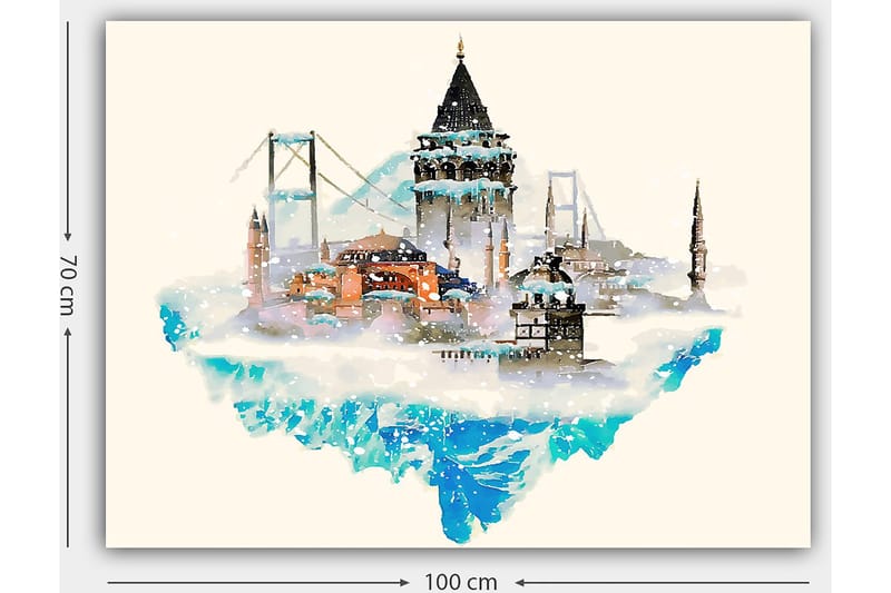 Canvas taulu 70x100 cm - Kaunis kaupunkisiluetti historiallisine rakennuksineen ja siltoineen, lumen ja jään ympäröimänä - Sininen / Oranssi / Harmaa - Sisustustuotteet - Taulu & taide - Canvas-taulu