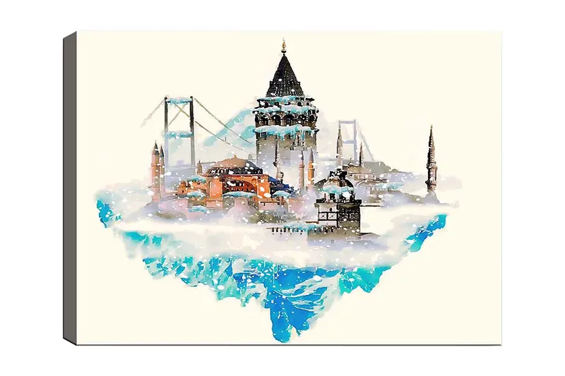 Canvas taulu 70x100 cm - Kaunis kaupunkisiluetti historiallisine rakennuksineen ja siltoineen, lumen ja jään ympäröimänä, Sininen / Oranssi / Harmaa