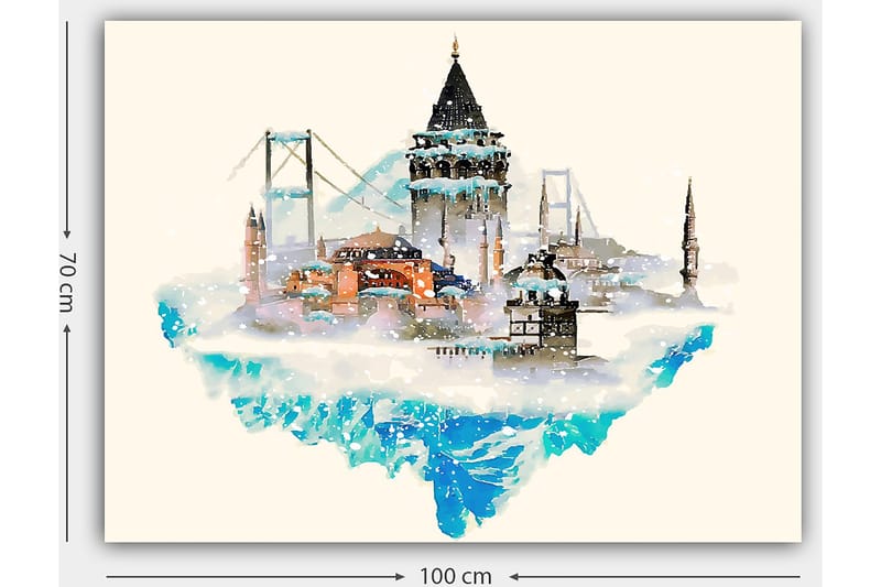 Canvas taulu 70x100 cm - Kaunis kaupunkisiluetti historiallisine rakennuksineen ja siltoineen, lumen ja jään ympäröimänä - Sininen / Oranssi / Harmaa - Sisustustuotteet - Taulu & taide - Canvas-taulu