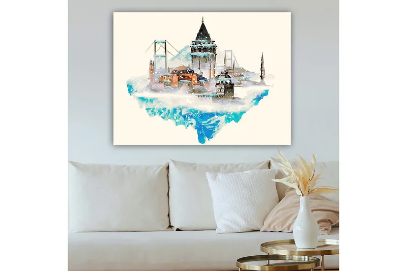 Canvas taulu 70x100 cm - Kaunis kaupunkisiluetti historiallisine rakennuksineen ja siltoineen, lumen ja jään ympäröimänä - Sininen / Oranssi / Harmaa - Sisustustuotteet - Taulu & taide - Canvas-taulu