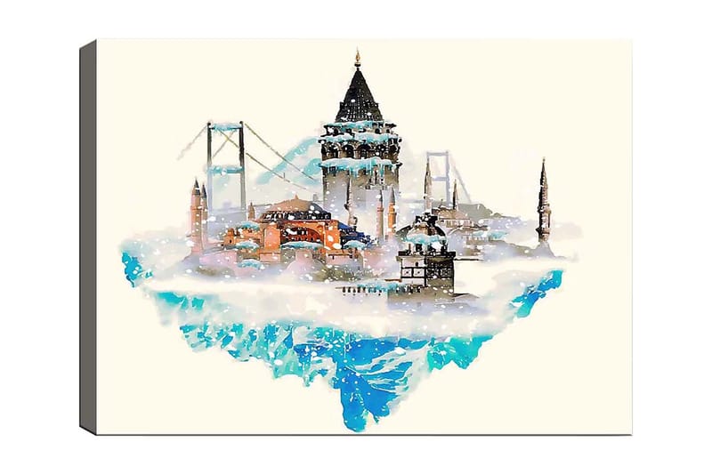 Canvas taulu 70x100 cm - Kaunis kaupunkisiluetti historiallisine rakennuksineen ja siltoineen, lumen ja jään ympäröimänä, Sininen / Oranssi / Harmaa