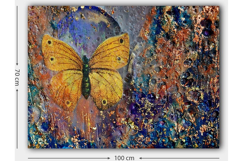 Canvas taulu 70x100 cm - Kaunis keltainen perhonen leijuu abstraktin taustan yllä värikkäillä yksityiskohdilla - Keltainen / Sininen / Ruskea - Sisustustuotteet - Taulu & taide - Canvas-taulu