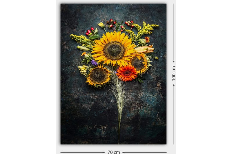 Canvas taulu 70x100 cm - Kaunis kimppu auringonkukkia ja värikkäitä kukkia - Keltainen / Oranssi / Vihreä - Sisustustuotteet - Taulu & taide - Canvas-taulu