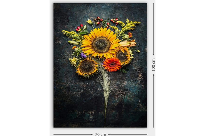 Canvas taulu 70x100 cm - Kaunis kimppu auringonkukkia ja värikkäitä kukkia - Keltainen / Oranssi / Vihreä - Sisustustuotteet - Taulu & taide - Canvas-taulu