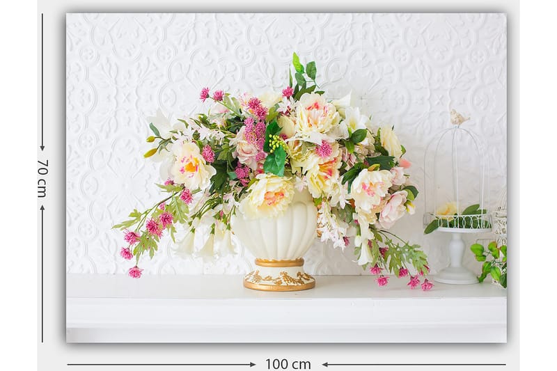 Canvas taulu 70x100 cm - Kaunis kimppu värikkäitä kukkia elegantissa maljakossa - Vaaleanpunainen / Vihreä / Kermanvärinen - Sisustustuotteet - Taulu & taide - Canvas-taulu
