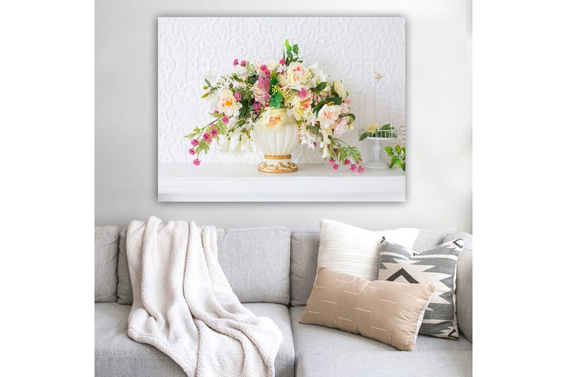 Canvas taulu 70x100 cm - Kaunis kimppu värikkäitä kukkia elegantissa maljakossa - Vaaleanpunainen / Vihreä / Kermanvärinen - Sisustustuotteet - Taulu & taide - Canvas-taulu
