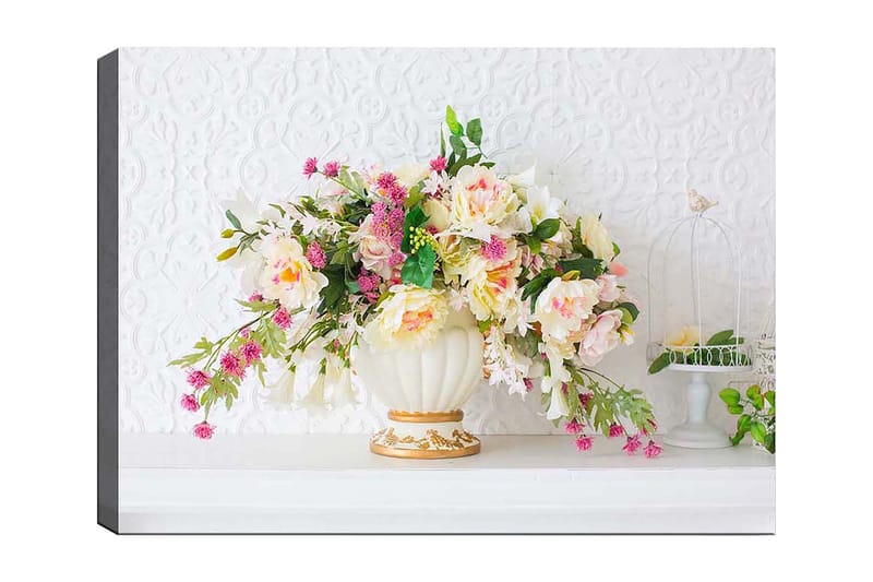 Canvas taulu 70x100 cm - Kaunis kimppu värikkäitä kukkia elegantissa maljakossa, Vaaleanpunainen / Vihreä / Kermanvärinen