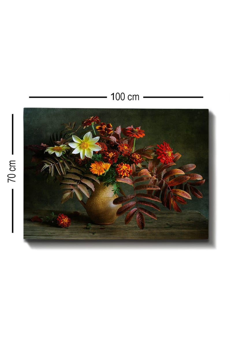 Canvas taulu 70x100 cm - Kaunis kimppu värikkäitä kukkia ja lehtiä keraamisessa maljakossa - Valkoinen / Oranssi / Punainen - Sisustustuotteet - Taulu & taide - Canvas-taulu