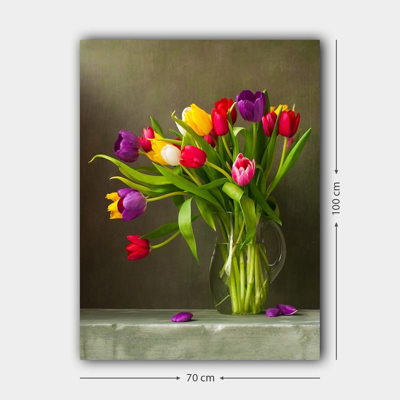 Canvas taulu 70x100 cm - Kaunis kimppu värikkäitä tulppaaneja lasimaljakossa - Violetti / Punainen / Keltainen - Sisustustuotteet - Taulu & taide - Canvas-taulu