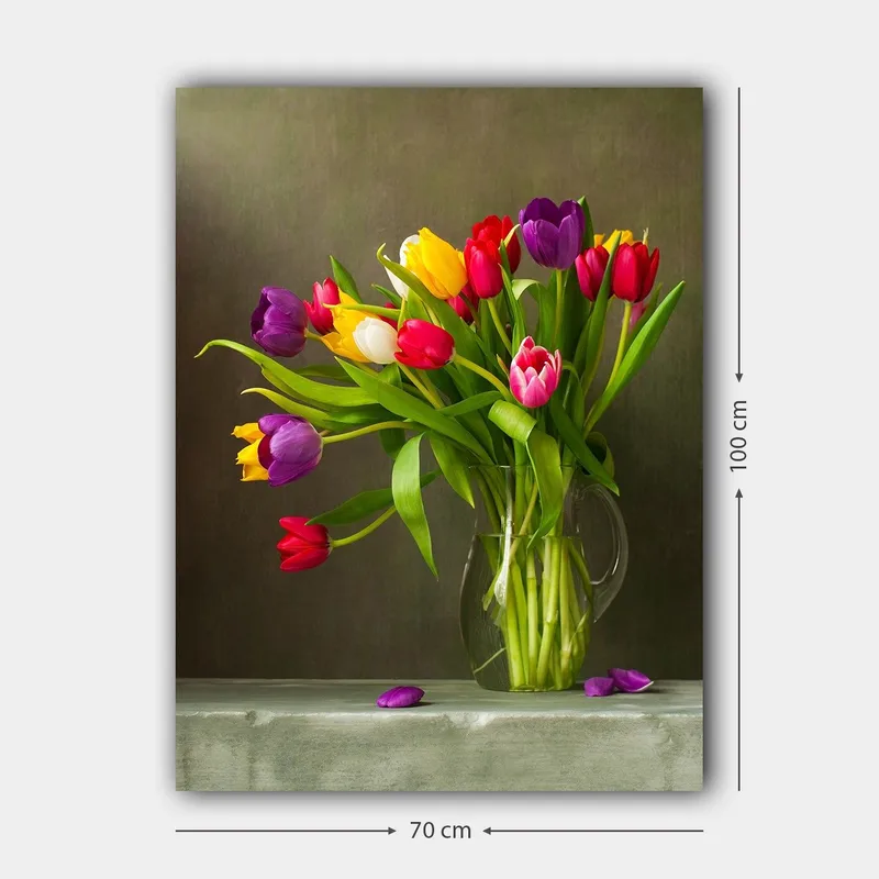 Canvas taulu 70x100 cm - Kaunis kimppu värikkäitä tulppaaneja lasimaljakossa - Violetti / Punainen / Keltainen - Sisustustuotteet - Taulu & taide - Canvas-taulu