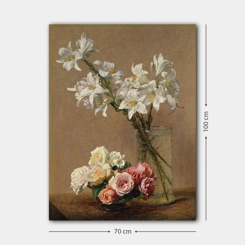 Canvas taulu 70x100 cm - Kaunis kimppu valkoisia liljoja ja ruusuja eri sävyissä lasimaljakossa - Valkoinen / Vaaleanpunainen / Vihreä - Sisustustuotteet - Taulu & taide - Canvas-taulu