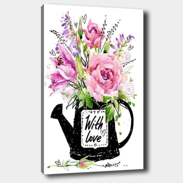 Canvas taulu 70x100 cm - Kaunis kukkakimppu mustassa kastelukannussa tekstillä With love - Vaaleanpunainen / Vihreä / Violetti - Sisustustuotteet - Taulu & taide - Canvas-taulu