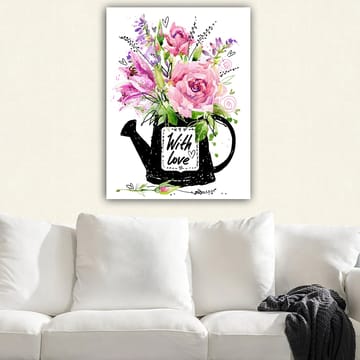 Canvas taulu 70x100 cm - Kaunis kukkakimppu mustassa kastelukannussa tekstillä With love - Vaaleanpunainen / Vihreä / Violetti - Sisustustuotteet - Taulu & taide - Canvas-taulu