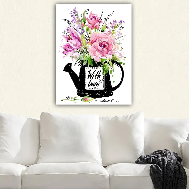 Canvas taulu 70x100 cm - Kaunis kukkakimppu mustassa kastelukannussa tekstillä With love - Vaaleanpunainen / Vihreä / Violetti - Sisustustuotteet - Taulu & taide - Canvas-taulu