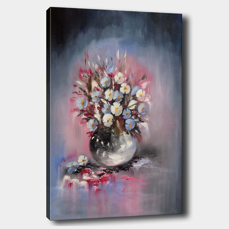 Canvas taulu 70x100 cm - Kaunis kukkakimppu pyöreässä maljakossa - Sininen / Valkoinen / Musta - Sisustustuotteet - Taulu & taide - Canvas-taulu