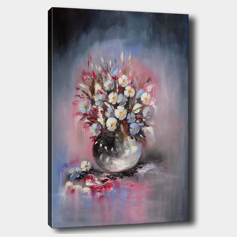 Canvas taulu 70x100 cm - Kaunis kukkakimppu pyöreässä maljakossa, Sininen / Valkoinen / Musta