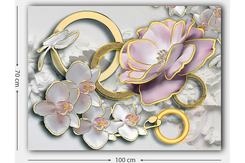 Canvas taulu 70x100 cm - Kaunis kukkien ja renkaiden sommitelma elegantissa kuosissa - Vaaleanpunainen / Valkoinen / Kulta - Sisustustuotteet - Taulu & taide - Canvas-taulu
