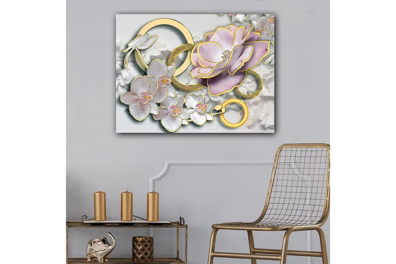 Canvas taulu 70x100 cm - Kaunis kukkien ja renkaiden sommitelma elegantissa kuosissa - Vaaleanpunainen / Valkoinen / Kulta - Sisustustuotteet - Taulu & taide - Canvas-taulu
