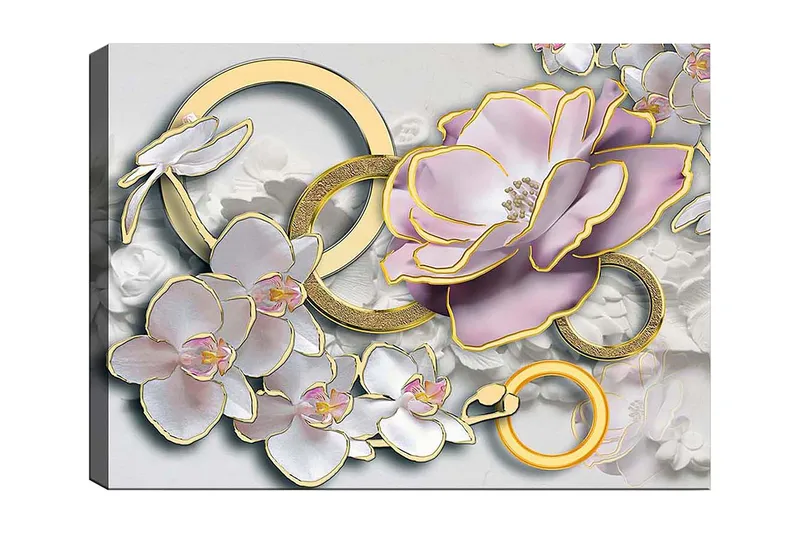 Canvas taulu 70x100 cm - Kaunis kukkien ja renkaiden sommitelma elegantissa kuosissa, Vaaleanpunainen / Valkoinen / Kulta