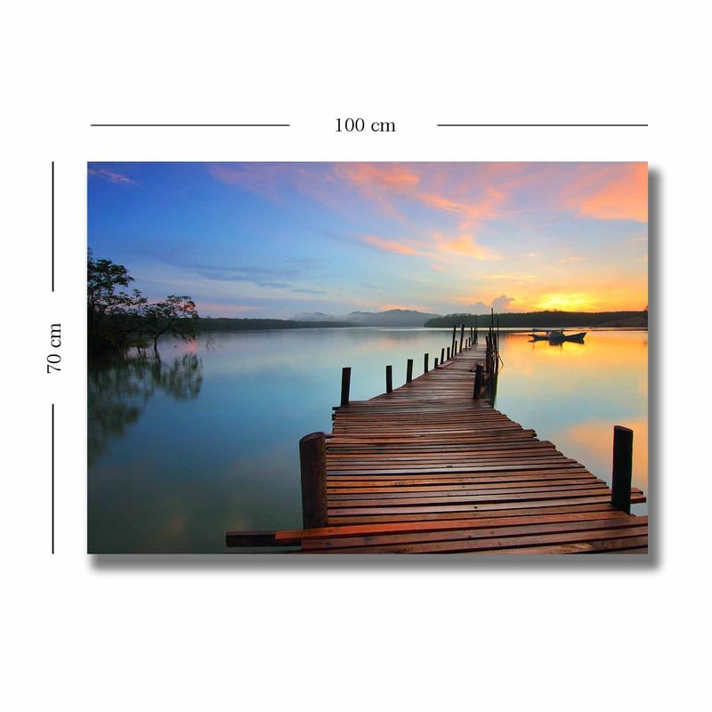 Canvas taulu 70x100 cm - Kaunis laituri tyynen järven yllä auringonlaskun aikaan - Sininen / Oranssi / Ruskea - Sisustustuotteet - Taulu & taide - Canvas-taulu