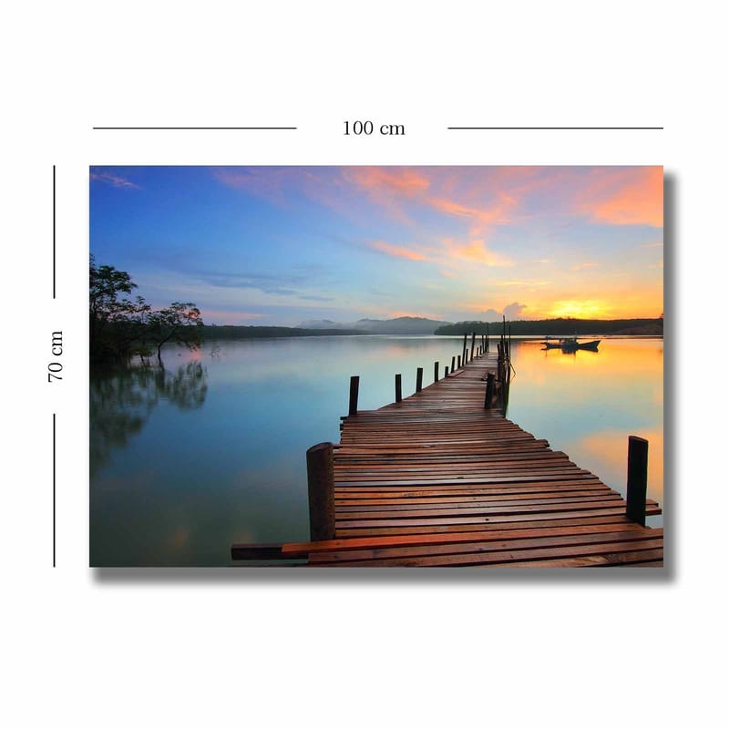 Canvas taulu 70x100 cm - Kaunis laituri tyynen järven yllä auringonlaskun aikaan - Sininen / Oranssi / Ruskea - Sisustustuotteet - Taulu & taide - Canvas-taulu