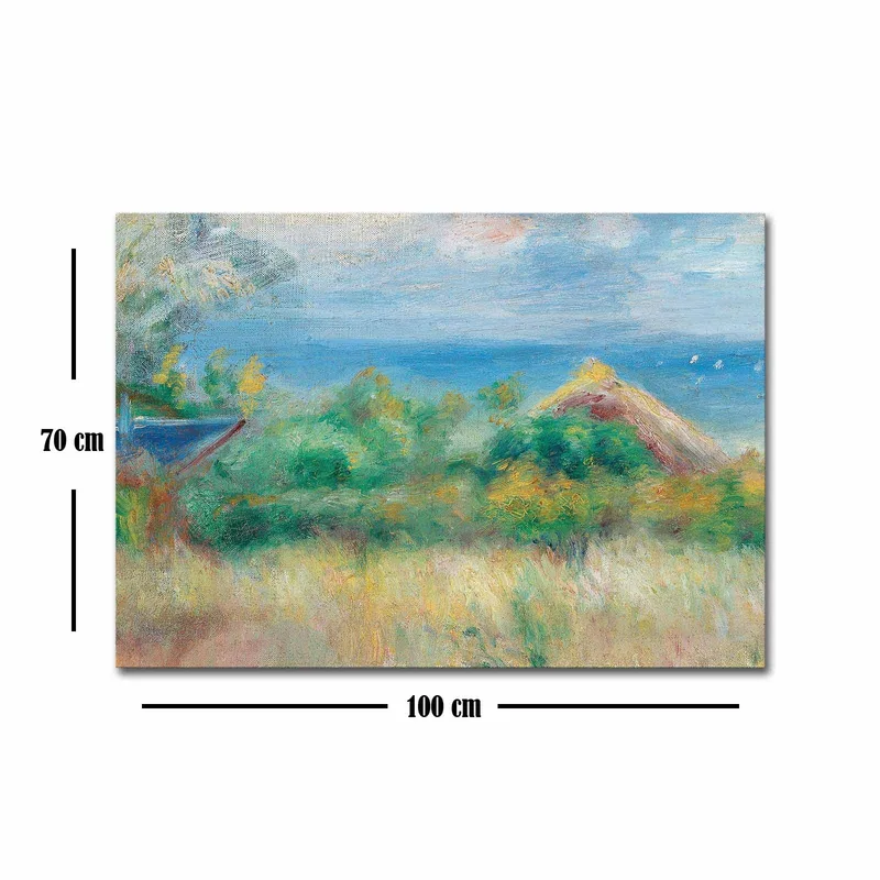 Canvas taulu 70x100 cm - Kaunis maisemamaalaus sinisellä taivaalla, merellä ja vihreillä pelloilla - Sininen / Vihreä / Beige - Sisustustuotteet - Taulu & taide - Canvas-taulu
